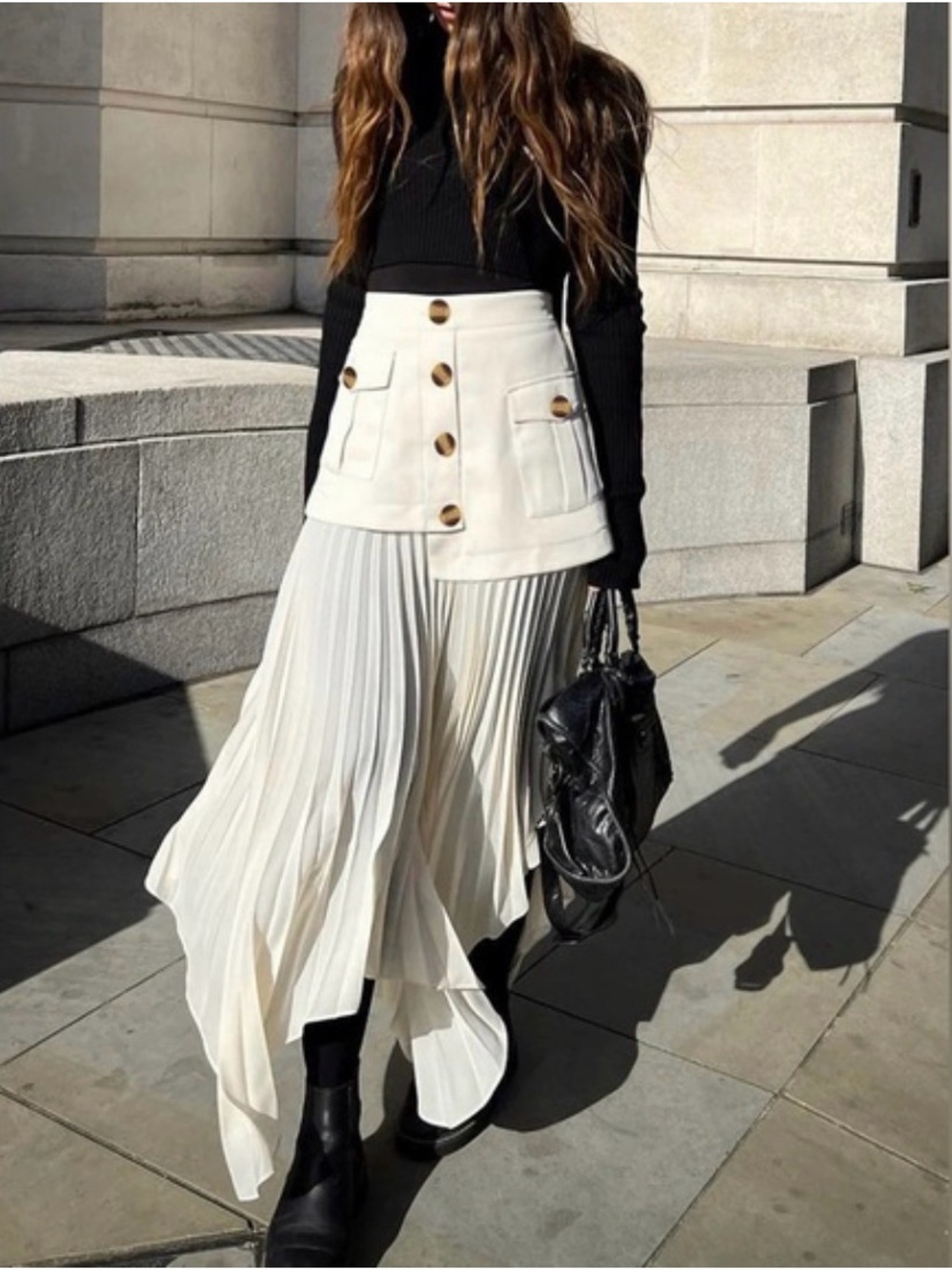 Commense Cream High-Low Pleated Maxi Skirt with Buttoned Overlay